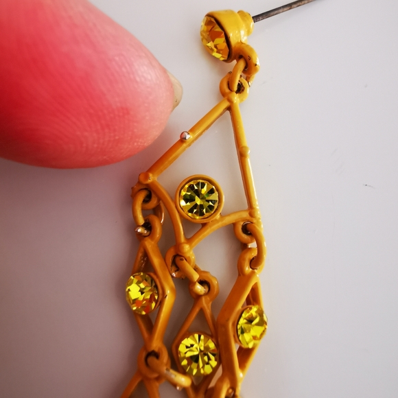 Yellow Painted Metal Chandelier Post Earrings with Yellow Rhinestones - Picture 13 of 13